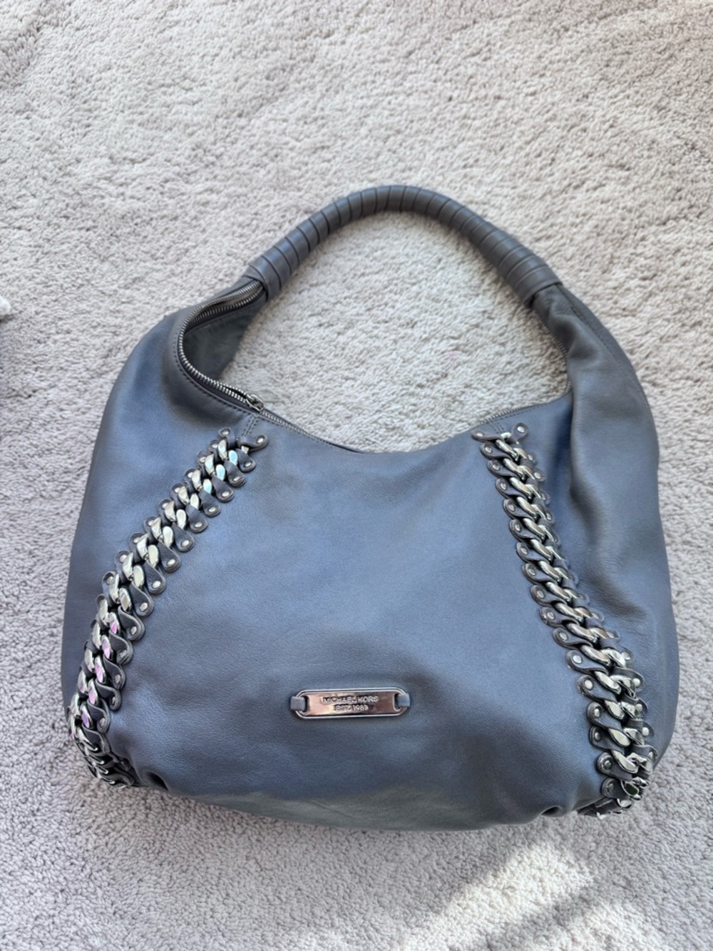 Extra Large Michael Kors Slate Gray Leather Shoulder Hobo with Chain Trim